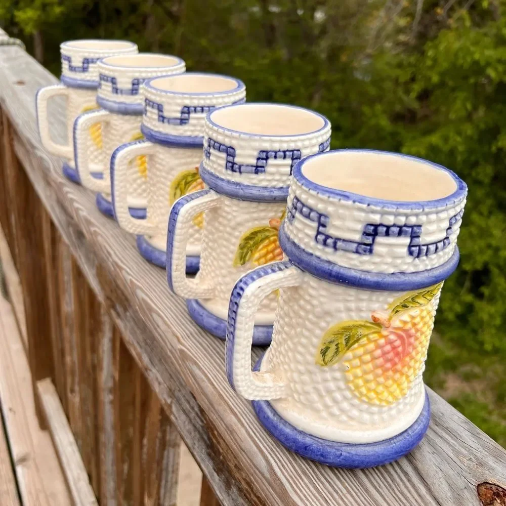 5 White Signed Ceramic Mugs With Fruit Design Made In Mexico With Fruit Design